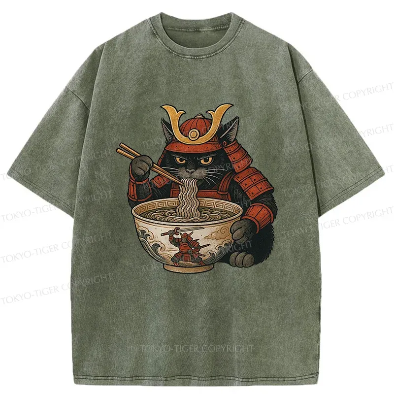 Tokyo-Tiger Cat General Eats Ramen Washed T-Shirt