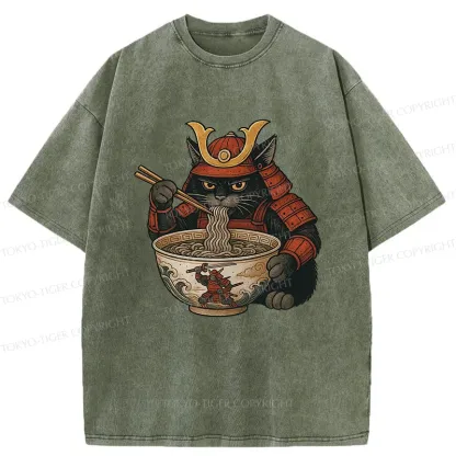 Tokyo-Tiger Cat General Eats Ramen Washed T-Shirt