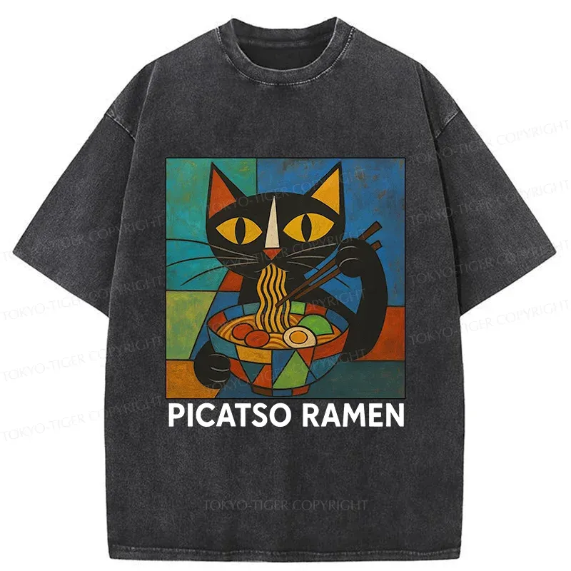 Tokyo-Tiger Abstract Cat Eating Ramen Washed T-Shirt
