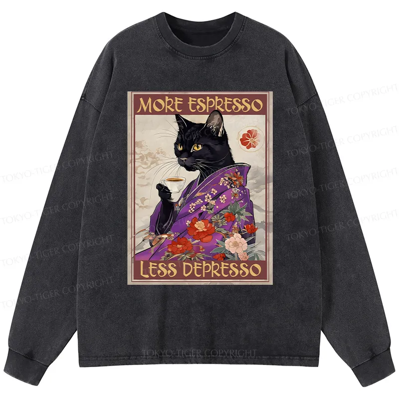 Tokyo-Tiger Japanese Cat Drinking Coffee Washed Long Sleeve T-Shirt