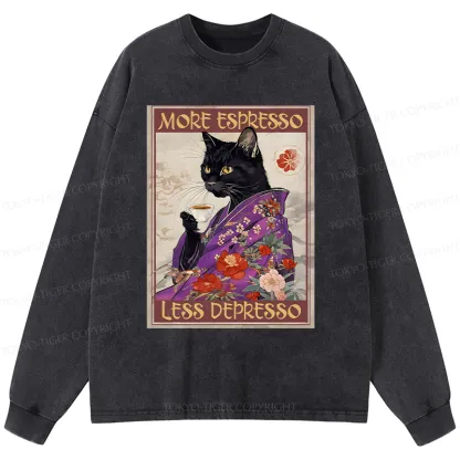 Tokyo-Tiger Japanese Cat Drinking Coffee Washed Long Sleeve T-Shirt