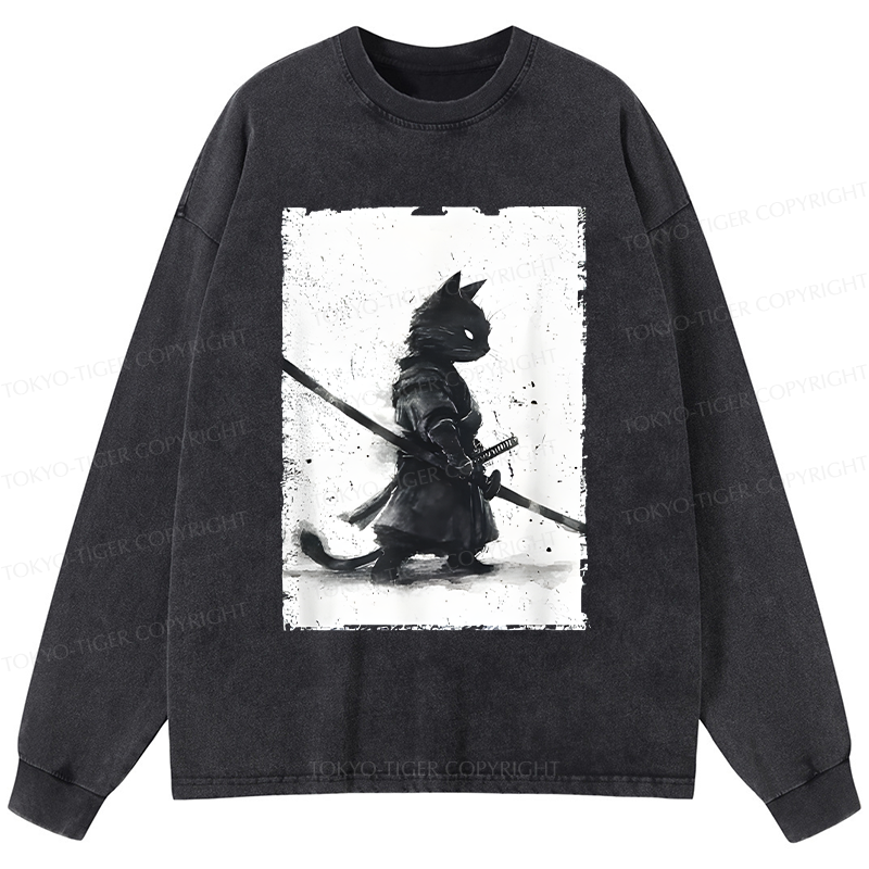 Tokyo-Tiger Retro Cat Samurai Japanese Washed Long Sleeve T-Shirt