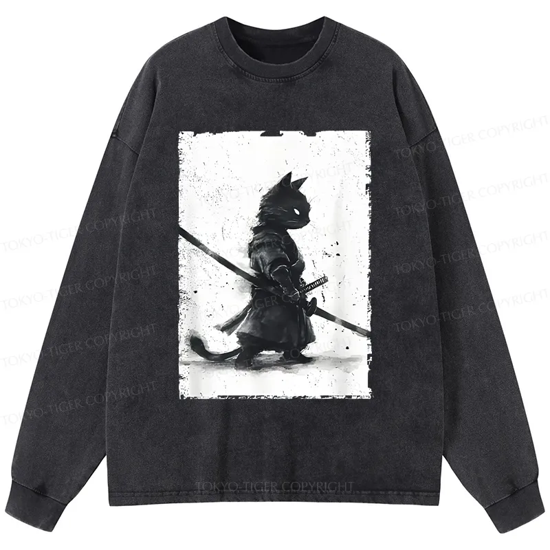 Tokyo-Tiger Retro Cat Samurai Japanese Washed Long Sleeve T-Shirt