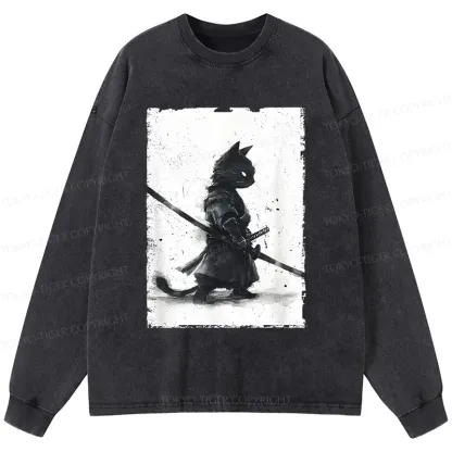 Tokyo-Tiger Retro Cat Samurai Japanese Washed Long Sleeve T-Shirt