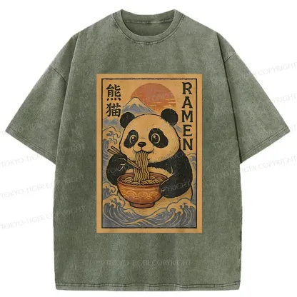 Tokyo-Tiger Retro Panda Eating Ramen Washed T-Shirt