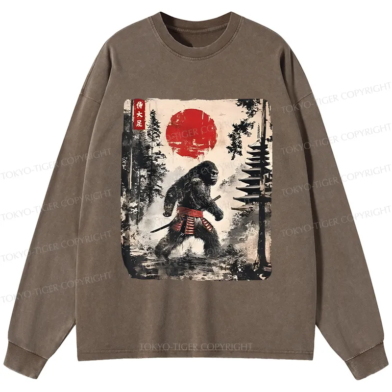 Tokyo-Tiger Japanese Samurai Bigfoot Washed Long Sleeve T-Shirt