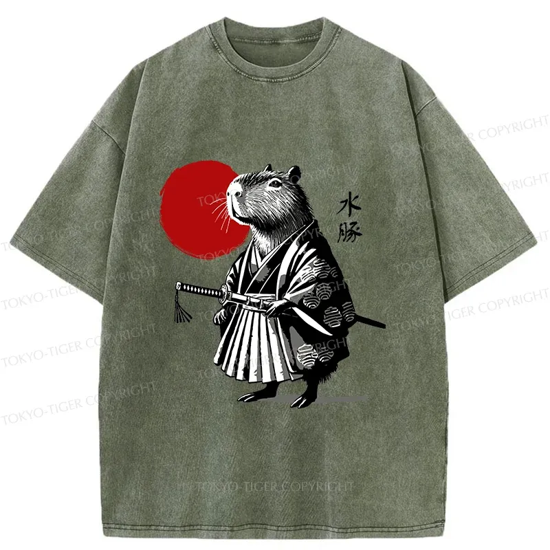 Tokyo-Tiger Retro Capybara Samurai Washed T-Shirt
