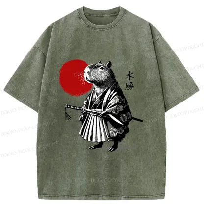 Tokyo-Tiger Retro Capybara Samurai Washed T-Shirt