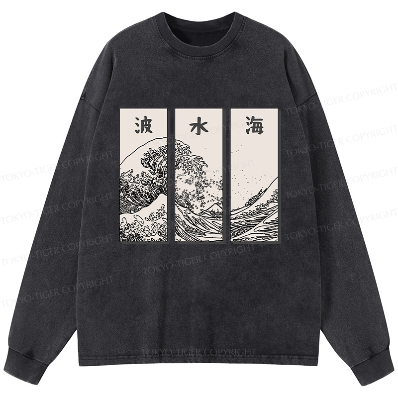 Tokyo-Tiger Japanese Art Wave Washed Long Sleeve T-Shirt
