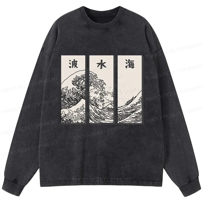 Tokyo-Tiger Japanese Art Wave Washed Long Sleeve T-Shirt