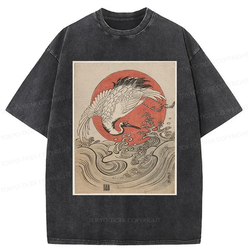Tokyo-Tiger Vintage Crane and Waves Washed T-Shirt