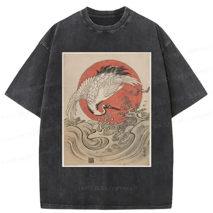 Tokyo-Tiger Vintage Crane and Waves Washed T-Shirt