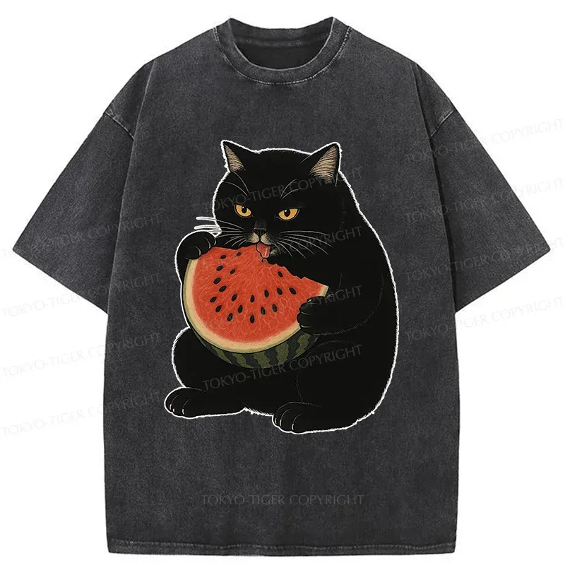 Tokyo-Tiger Black Cat Eating Watermelon Washed T-Shirt