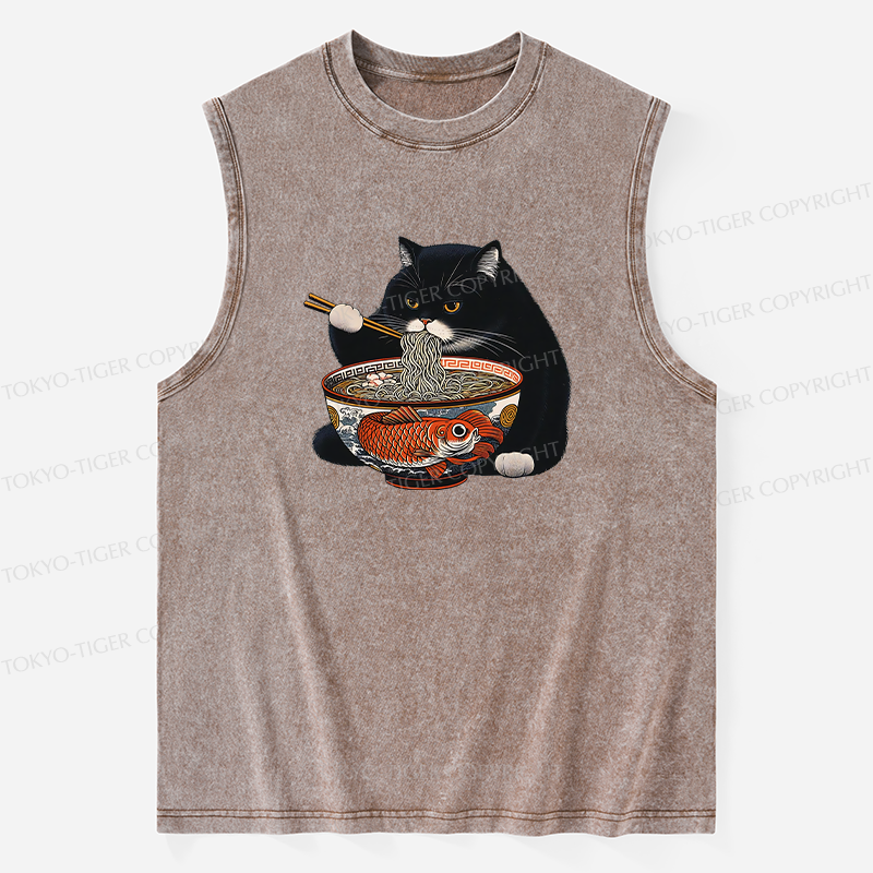 Tokyo-Tiger Fat Cat Eating Ramen Washed Tank