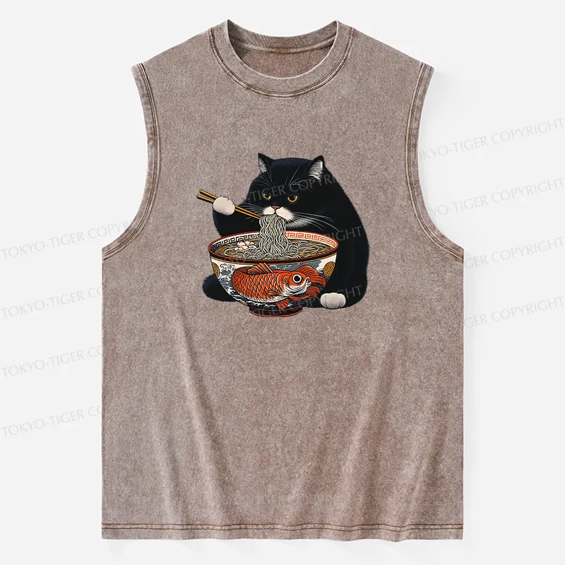 Tokyo-Tiger Fat Cat Eating Ramen Washed Tank