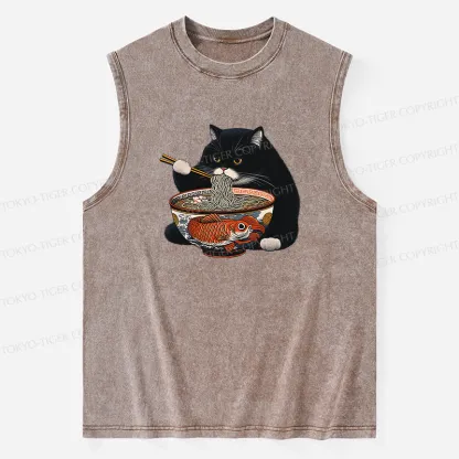 Tokyo-Tiger Fat Cat Eating Ramen Washed Tank