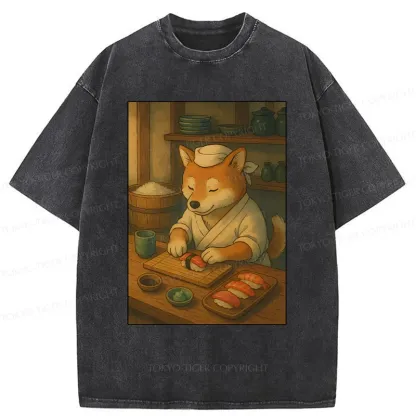 Tokyo-Tiger Dog Sushi Chef Washed T-Shirt