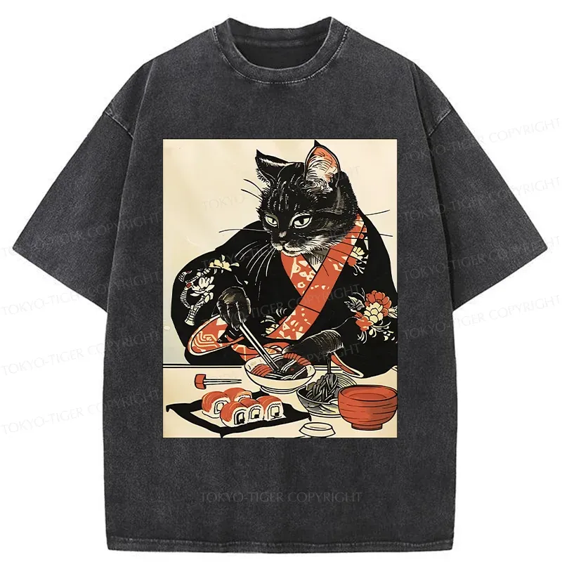 Tokyo-Tiger Cat Cut Sushi Washed T-Shirt