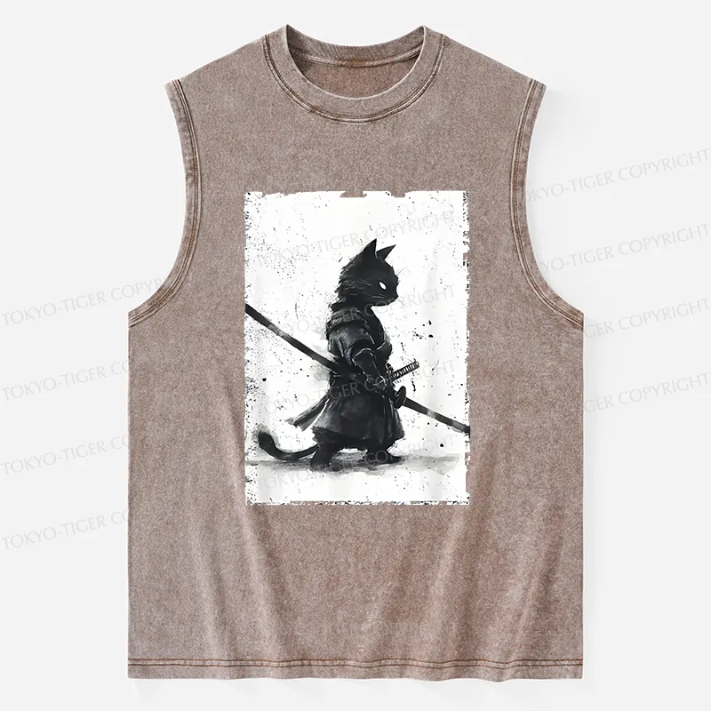 Tokyo-Tiger Retro Cat Samurai Japanese Washed Tank