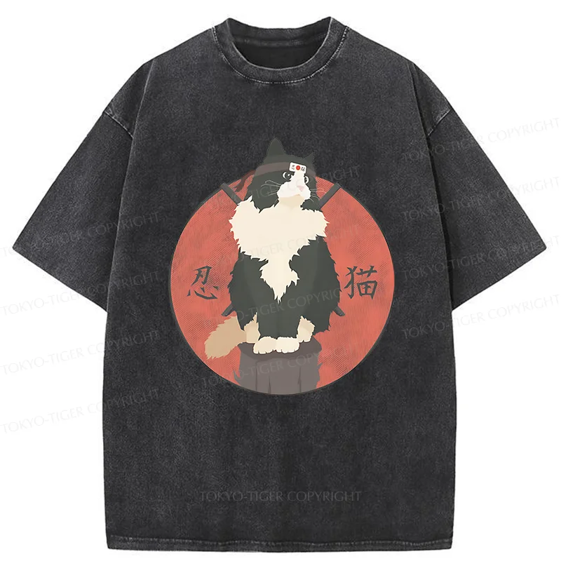 Tokyo-Tiger Cute Ninja Cat Washed T-Shirt