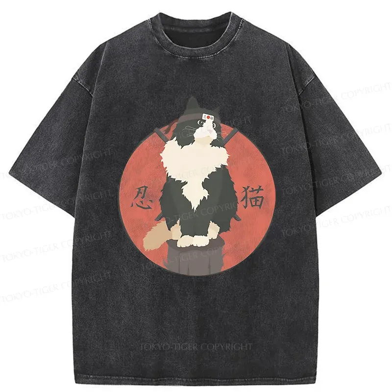 Tokyo-Tiger Cute Ninja Cat Washed T-Shirt