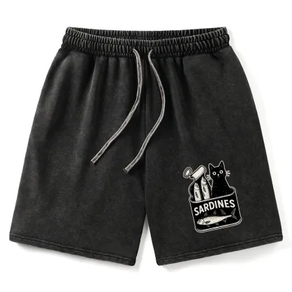 Tokyo-Tiger Cat And Canned Fish Washed Shorts