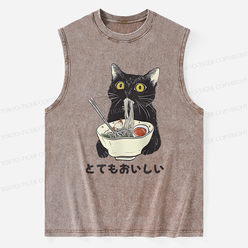 Tokyo-Tiger Cats Eat Ramen Noodles Washed Tank