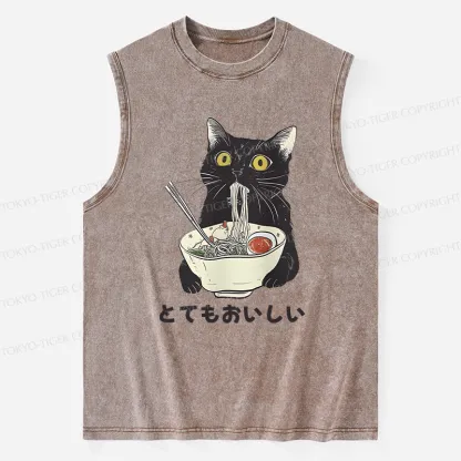 Tokyo-Tiger Cats Eat Ramen Noodles Washed Tank