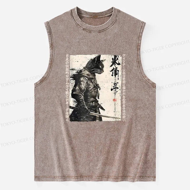 Tokyo-Tiger Cat Samurai Retro Washed Tank