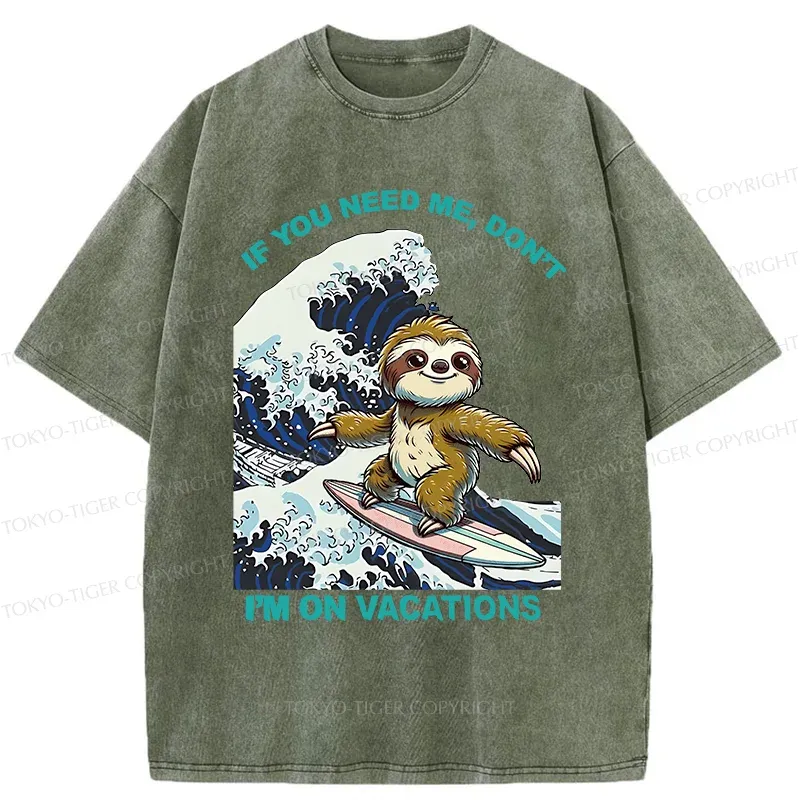 Tokyo-Tiger Surfing Sloth Funny Washed T-Shirt