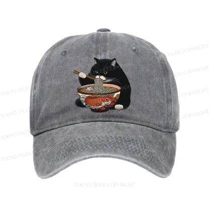 Tokyo-Tiger Fat Cat Eating Ramen Washed Cap