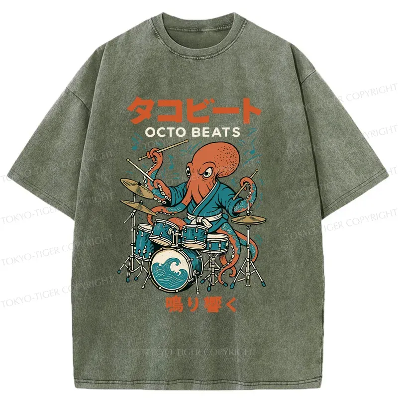 Tokyo-Tiger Octopus Drummer Washed T-Shirt