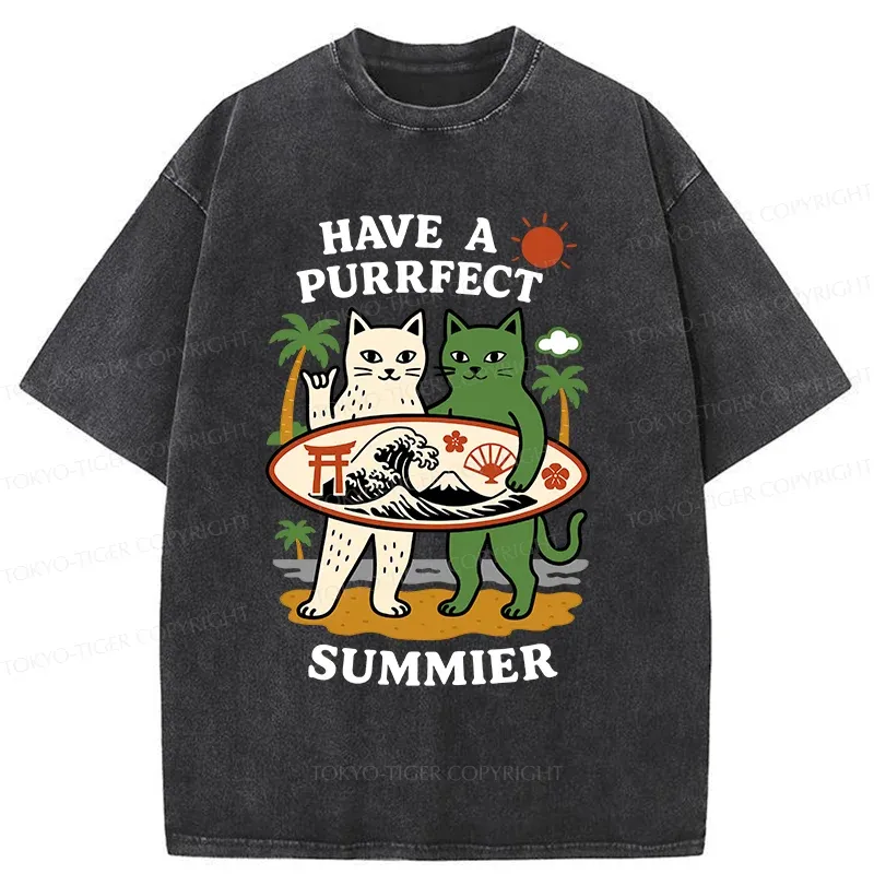 Tokyo-Tiger Beach Surfing Cat Washed T-Shirt