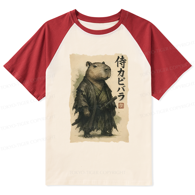 Tokyo-Tiger Capybara Samurai Raglan T-shirt