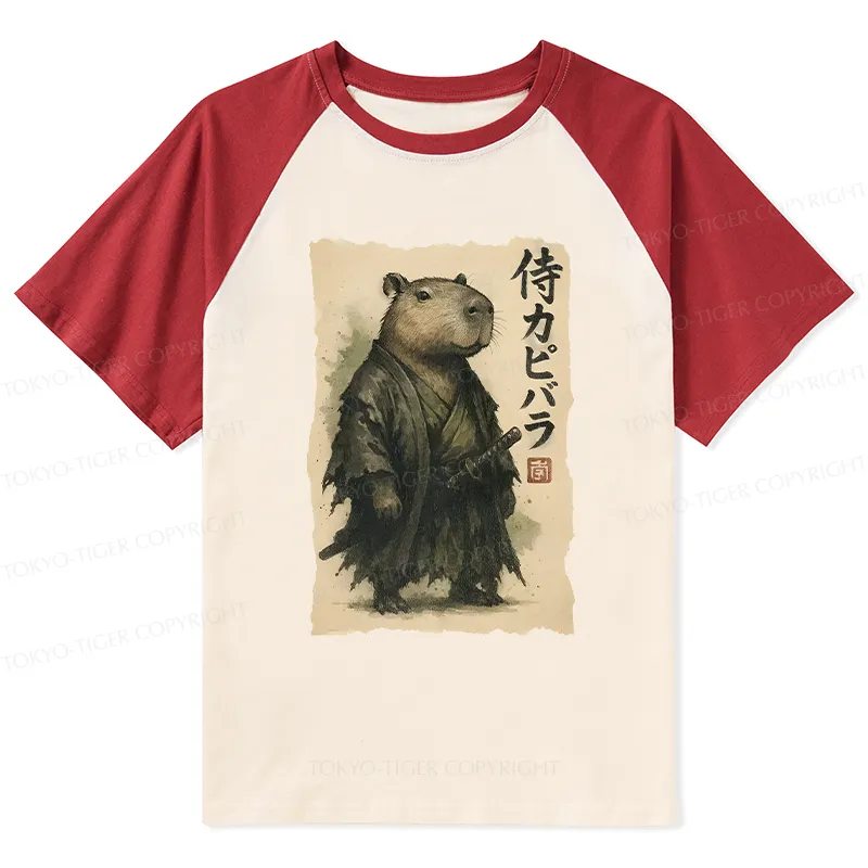Tokyo-Tiger Capybara Samurai Raglan T-shirt Sale