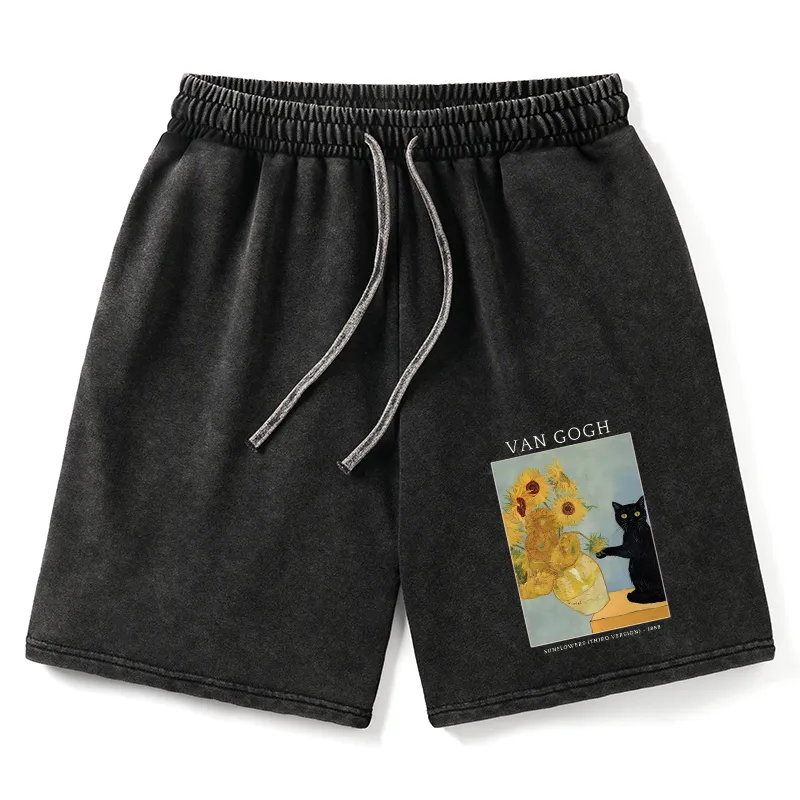 Tokyo-Tiger Black Cat With Sunflowers Washed Shorts