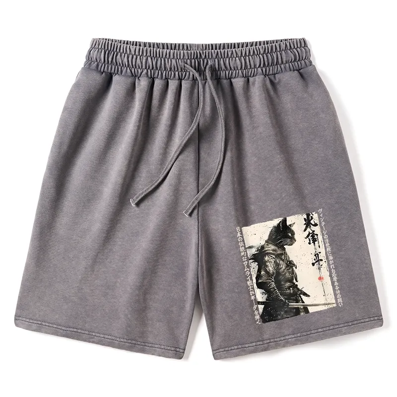 Tokyo-Tiger Cat Samurai Retro Washed Shorts