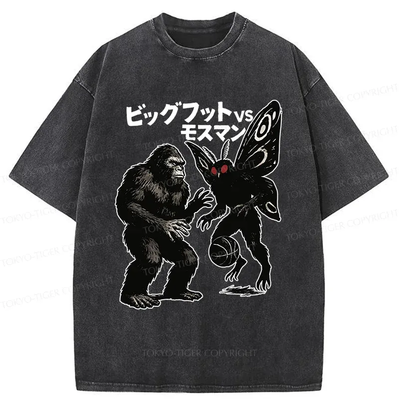 Tokyo-Tiger Battle Between Bigfoot And Mothmen Washed T-Shirt