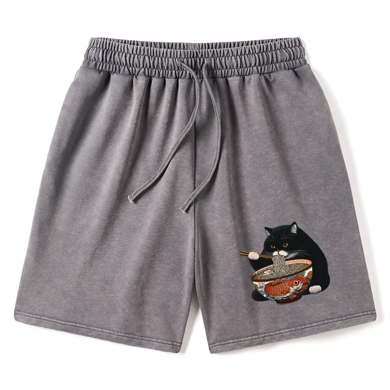 Tokyo-Tiger Fat Cat Eating Ramen Washed Shorts