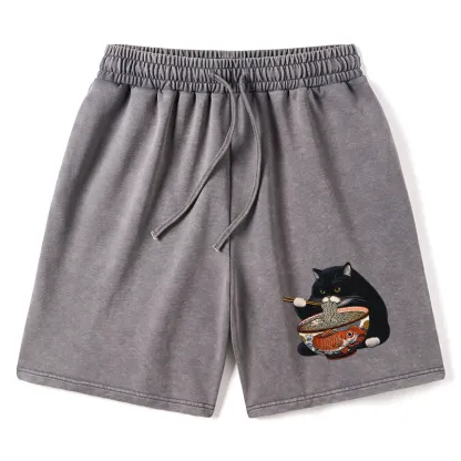 Tokyo-Tiger Fat Cat Eating Ramen Washed Shorts