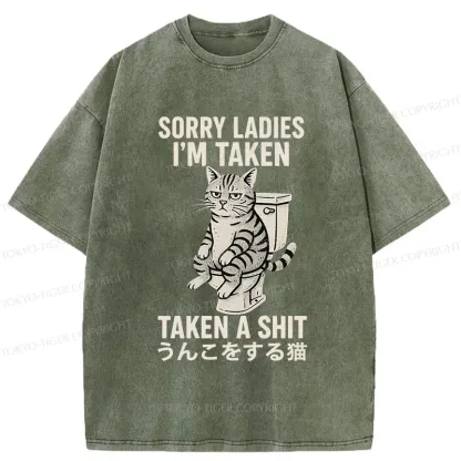 Tokyo-Tiger Cat Pooping Washed T-Shirt