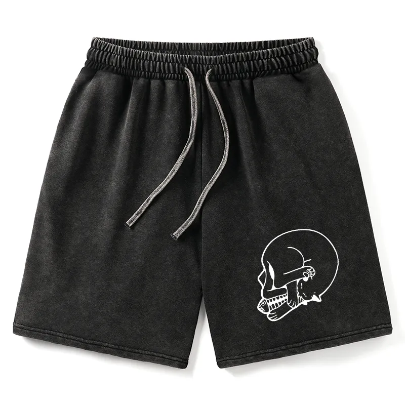 Tokyo-Tiger Funny Cat Eating Fish Washed Shorts Sale