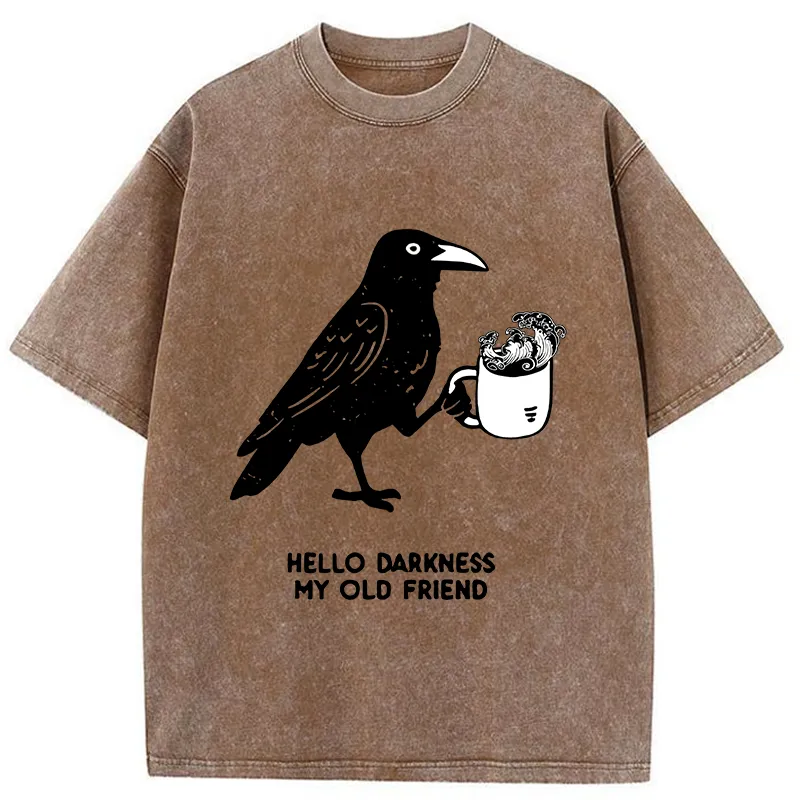 Tokyo-Tiger Crow Drinking Black Coffee Funny Washed T-Shirt