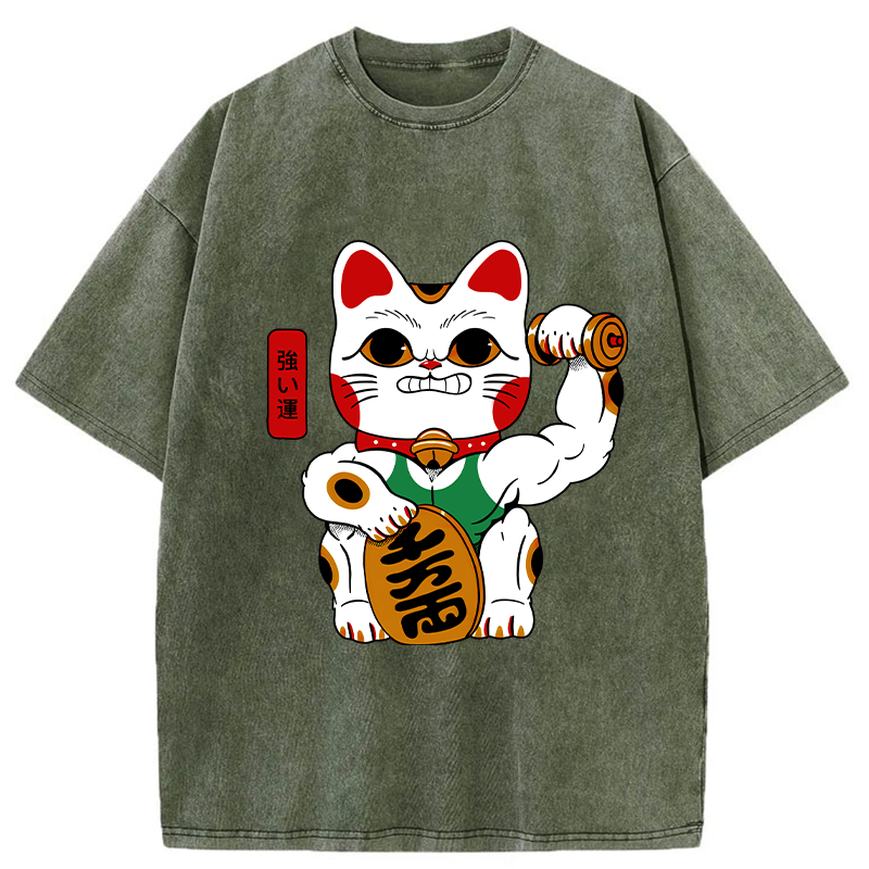 Tokyo-Tiger Muscular Lucky Cat Washed T-Shirt