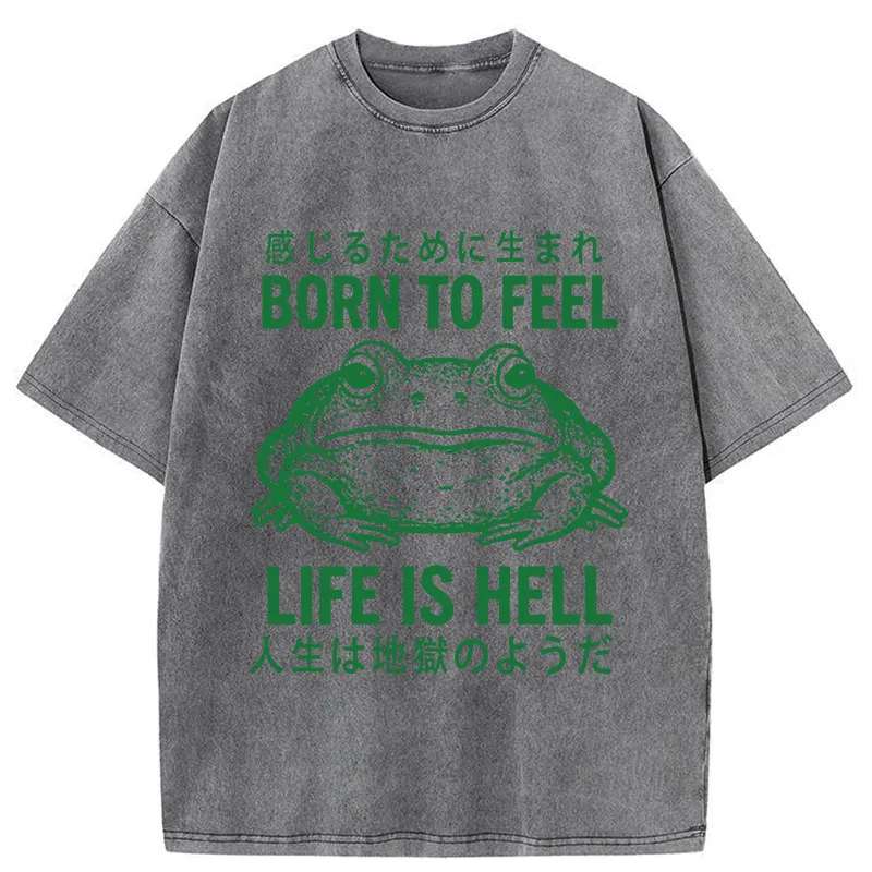 Tokyo-Tiger Life Is Hell Funny Frog Washed T-Shirt