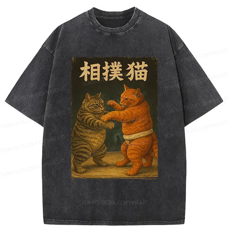 Tokyo-Tiger Sumo Cat Funny Washed T-Shirt