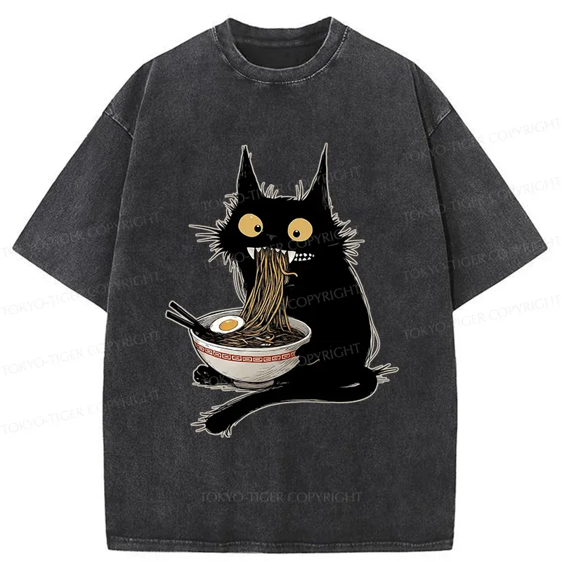Tokyo-Tiger Naughty Kitten Is Eating Ramen Washed T-Shirt