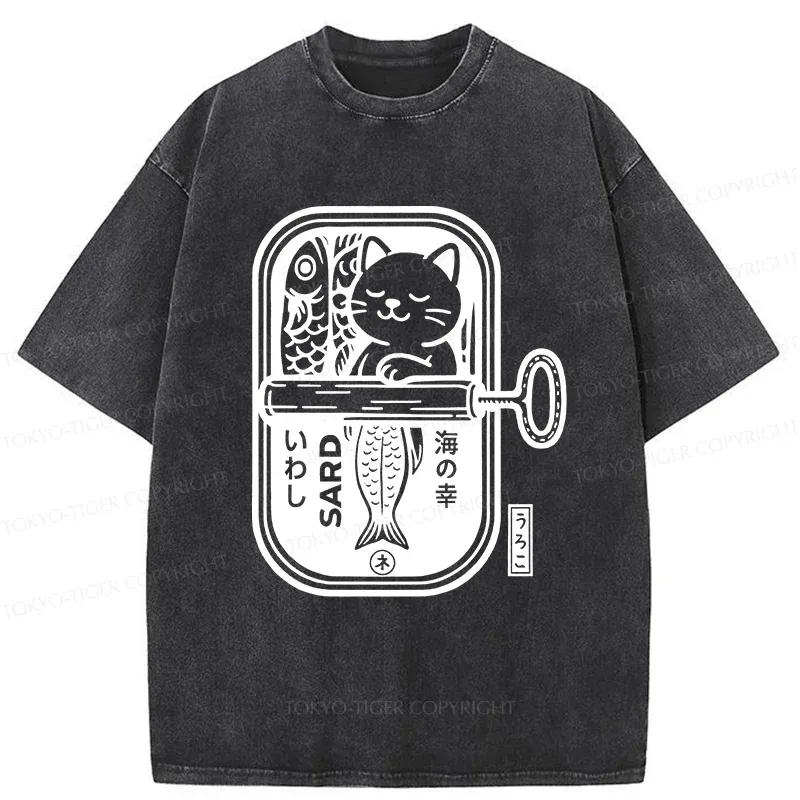 Tokyo-Tiger Cat And Canned Fish Washed T-Shirt