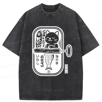 Tokyo-Tiger Cat And Canned Fish Washed T-Shirt