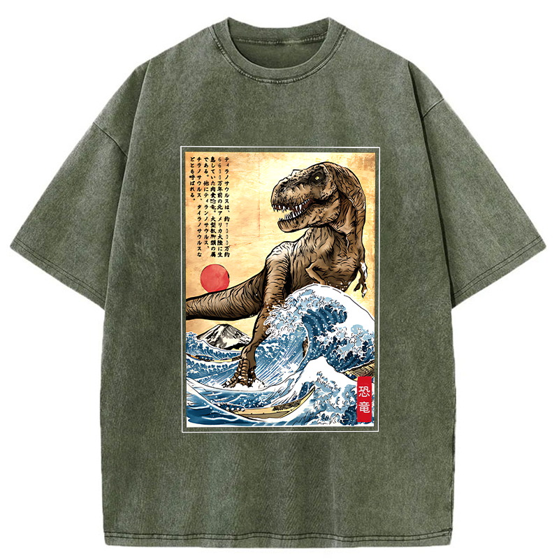 Tokyo-Tiger The Great Wave Off Dinosaur Washed T-Shirt